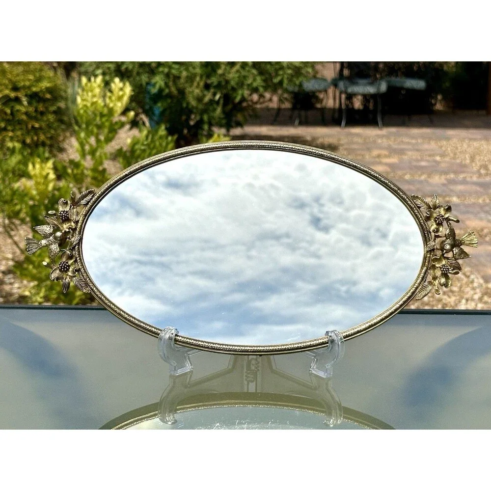 Vintage Matson Vanity Mirror Tray Birds Dogwood Gold Plated Hollywood Regency